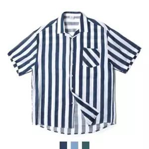 마린 스트라이프 린넨 오픈카라 반팔셔츠 TsP9+2ZnK