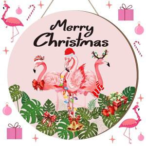 춘풀 크리스마스 플라밍고 장식 환영 표지판 원형 걸이문 간판 앞문 나무 벽걸이 페디먼트 농가 현관 장식용