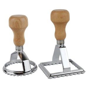 히쿡 라비올리 메이커 커터 스탬프 세트 원형 및 정사각형 마스커 - 나무 손잡이와 플롯 에지가 있는 대형 알루미늄 프레스, 2개