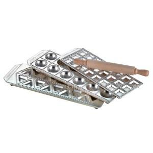 임페리아 라비올리 메이커 세트 - 3개의 트레이와 나무 롤링 핀이 포함된 파스타 기계 액세서리 내구성이 뛰어난 알루미늄 구조 프레스로 3가지 모양을 만들 수 있습니다 수제 이탈리아 요리