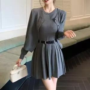 [옷은날개] 플리츠 나시원피스 라운드넥 크롭 긴팔 가디건 세트