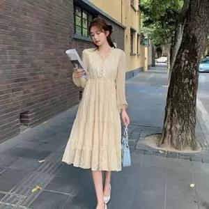 [옷은날개] 옐로우잔꽃 프릴 긴팔 플레어 셔링 롱 원피스 봄여름 데일리 드레스