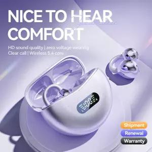 무선 골전도 HIFI Bluetooth 5.4 이어 버드 마이크 디지털 디스플레이가있는 귀에 클립 방수 스포츠 헤드셋