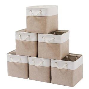 MidmmVick 11 x 11 인치 큐브 보관함, 로프가 있는 6 팩 대형 접이식 패브릭 보관함, 가정, 사무실, 옷장, 옷, 정리함 화이트 & 베이지-11 x11