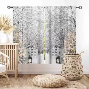TKUYO 거실용 크리스마스 커튼, 겨울 눈사람 눈 덮인 숲 풍경 자연 눈 숲 풍경 메리 크리스마스 새해 창문