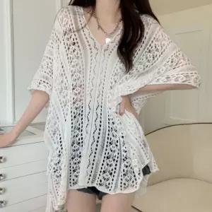 썸머 데일리 여성 브이넥 펀칭 니트 비치 커버업 kfm5+1FsX