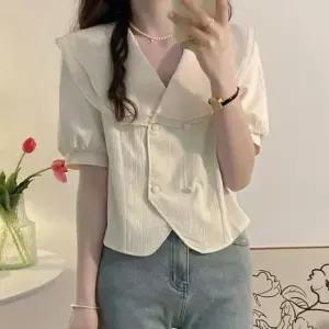 [의류] 더블 레이스 빅카라 쉬폰 소재 재킷형 여름 블라우스