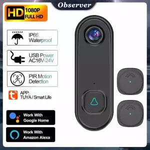 TUYA 비디오 초인종 실외 와이파이 1080P HD AC 전원 전화 캠 인터콤 IR 야간 투시 스마트 홈 알렉사