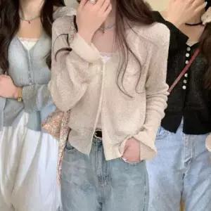 [의류] 여성용 브이넥 긴팔 슬림핏 니트 티 간절기 봄 가을 여름 얇은 니트웨어