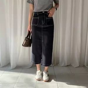 [하프클럽/]데님스커트 스판 밴딩 미디스커트 청 데님 논페이드 롱스커트