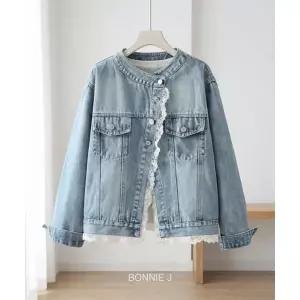 [하프클럽/]여리여리 루즈핏 레이스 배색 노카라 데님 자켓 빈티지 연청  데
