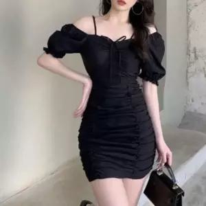 [의류] 여름용 오프숄더 쉬폰 퍼프 원피스 시스루 스퀘어넥 H라인 드레스 흰색