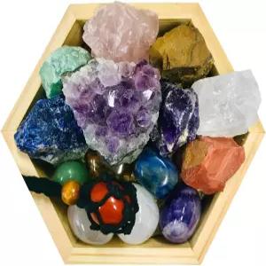 21 PCS 힐링 크리스탈 차크라 스톤 세트 - 천연 원석과 나무 선물 상자 명상용 7개 레이키 요가 에너지