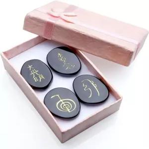 크리스탈 티어스 블랙 어게이트 각인 우스이 레이키 심볼 차크라 스톤 힐링 팜 장식 상자 4개 포함