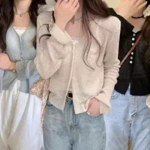 [옷은날개] 여성용 브이넥 긴팔 슬림핏 니트 티 간절기 봄 가을 여름 얇은 니트웨어