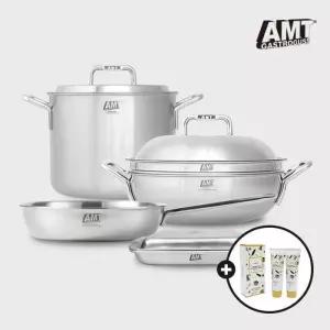 AMT 스테인리스 인덕션 곰솥 프라이팬 통5중 4종 선물 세트 파티웍28+소테팬26+샤프곰