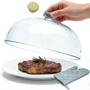 음식용 마지우케 유리 전자레인지 스플래터 커버 10인치 일체형 손잡이 돔 디자인 내열성 실리콘 방지 캡이