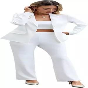 여성용 2피스 정장 비즈니스 캐주얼 의상 긴팔 솔리드 블 팬츠 프로페셔널 오피스 워크 세트