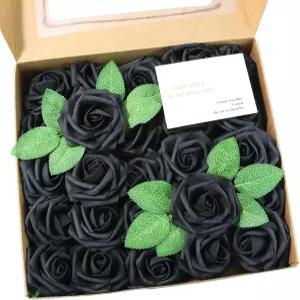 멜델 인조 꽃 25pcs 리얼 터치 블랙 로즈 가짜 폼 장미와 DIY 웨딩 부케 선물 브라이덜 샤워 장식 꽃다발