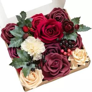 링의 순간 가짜 꽃 상자 인공 라눈쿨루스 인조 그리너리 스템 실크 로즈 폼 베리 웨딩 부케 센터피스