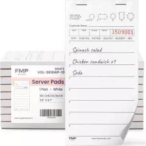 FMP 브랜드 500매 서버 노트 패드(총 5장) 100매/패드 게스트 체크 웨이트리스 메모장 패드 레스토랑 주문
