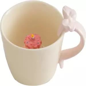 생일 케이크 활 손잡이가 있는 DIHOclub 세라믹 커피 머그잔 기념 선물용 참신한 티컵 (크림)