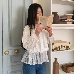 [옷자락] 여자 루즈핏 코튼 레이스 밑단 레이어드 카라 셔츠