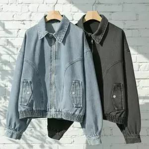 여자 캐주얼 워싱 오버핏 크롭 데님 카라 블루종 점퍼