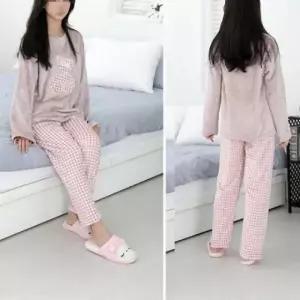 체크극세사 수면잠옷 여성용 핑크 베어 세트