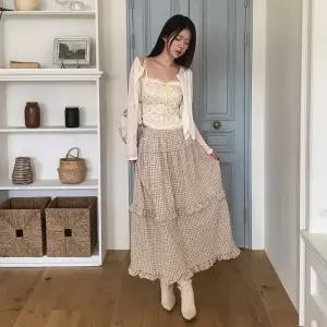[다잇템] 여자 격자 고무줄 프릴 봄가을 클래식 롱스커트