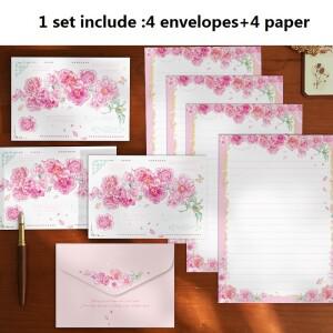 1세트 핑크 꽃 발렌타인 데이 편지지 봉투 웨딩 파티 초대장 4장 종이와 4개