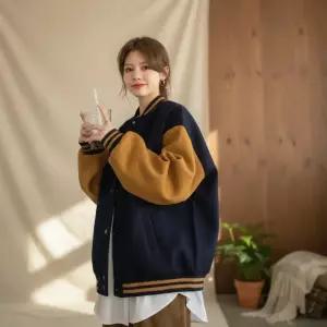여성 오버사이즈 캐주얼 기모 배색 야구자켓