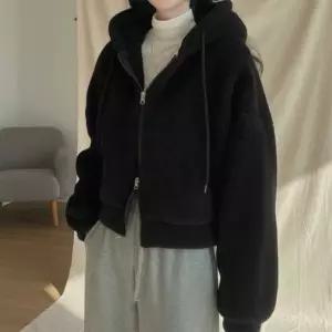 여성용 양털 후드 크롭 자켓 데일리 뽀글이