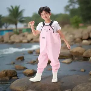 어린이 가슴 장화 레인부츠 갯벌 체험 농장 일체형 곰돌이 방수옷