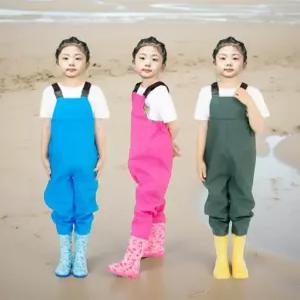 어린이 가슴 장화 레인부츠 갯벌 체험 농장 일체형 멜빵 블루 방수옷