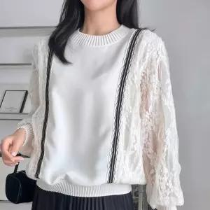 여자 플라워 시스루 레이스 퍼프 봄 블라우스