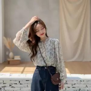 여성 긴팔 플라워 쉬폰 블라우스 루즈핏