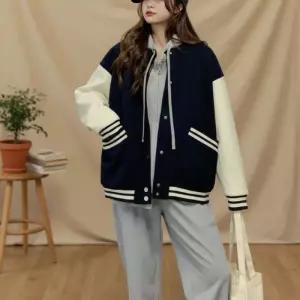 여성 트렌디 배색 기모 루즈핏 바시티 점퍼