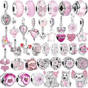 새로운 오리지널 핑크 여성용 전기 오토바이 벚꽃 유리 구슬 참 장식 DIY 여성용 쥬얼리 선물 구슬 팔찌에