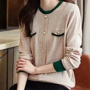 ( )여자 봄 가을 진주 장식 라운드넥 니트 베이지 여성 빨간 여성봄 니트티 티셔츠 예쁜