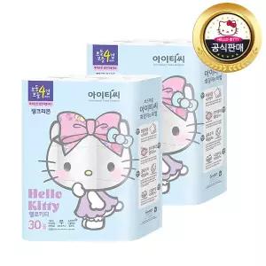 (무료배송) 헬로키티 핑크리본  천연펄프 4겹 2팩 총 60롤