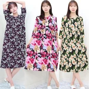 하랑이플 여성 플리츠 플라워 원피스 루즈핏 칠부소매 빅사이즈 홈웨어 간절기 롱원피스