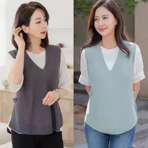 [하프클럽/] 여자 여름 브이넥 빅사이즈 니트 베스트 조끼 40-50대 미시 중년