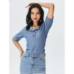 [하프클럽/샤트렌]인디고블루 스퀘어 카라 포인트 썸머 블라우스 HCCMBL203