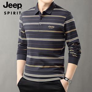 JEEP SPIRIT 봄가을 남자 긴팔 스트라이프 칼라넥 루즈핏 티셔츠