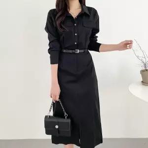 LnD 클래식 포멀라인 셔츠 원피스 허리벨트 포함 하객룩 여성 롱원피스