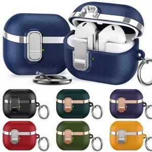 갤럭시 버즈3 프로 FE 호환 가죽패턴 도금 락 잠금 버튼 메탈 카라비너 키링 케이스