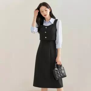 [시크라인] 즈온 셔츠 배색 레이어드 원피스