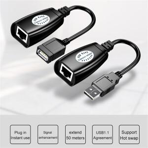 확장 어댑터 1쌍 USB to RJ45 LAN 케이블 연장기 Cat5 패치 코드 검정색 네트워킹 악세사리