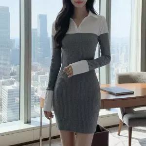 [하프클럽/]여자 카라넥 레이어드 투톤 긴팔 미니 숏 하객룩 원피스